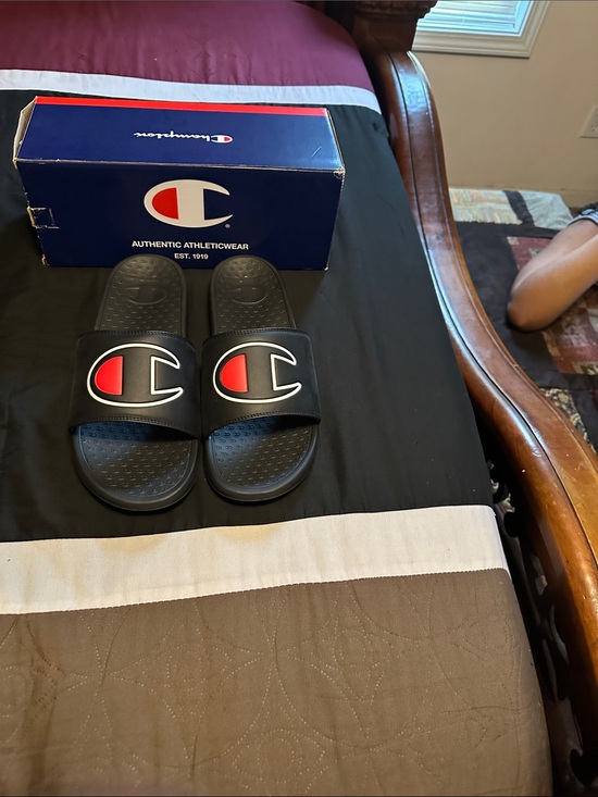 Champion Black and Navy Slide Sandals with Red & White Logo